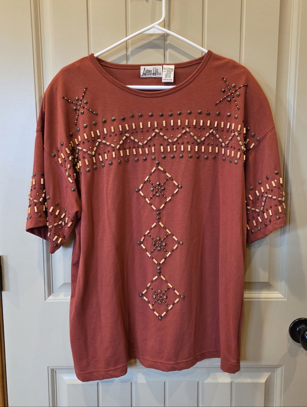 Vintage Ashley Hill Beaded T-Shirt XL Terracotta Rust Boho Wood Bead Embellished